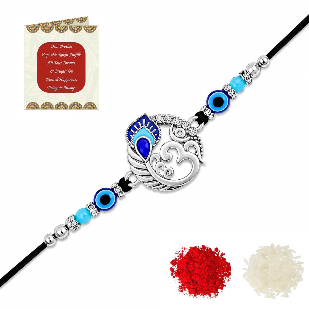 Riddhika Ventures Religious Meenakari Om and Peacock Feather Rakhi With Roli Chawal And Greeting Card