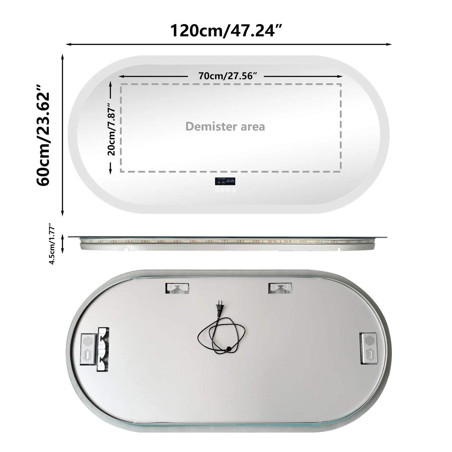 Oval LED Bathroom Mirror with Bluetooth Speaker Backlit Dimmable Wall Vanity Mirror, Digital Display, Antifog, 50x80cm, 120x60cm