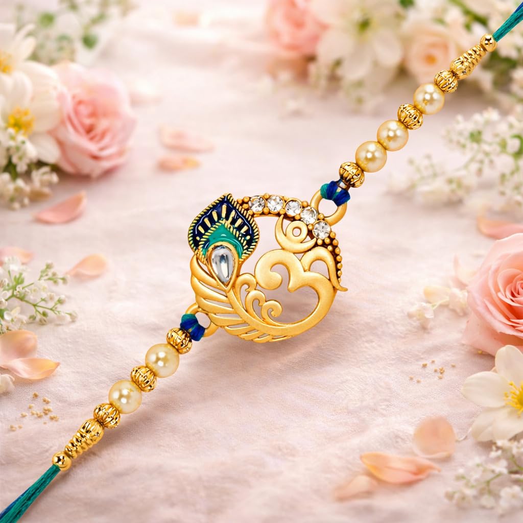 Riddhika Ventures Religious Meenakari Om and Peacock Feather Rakhi With Roli Chawal And Greeting Card