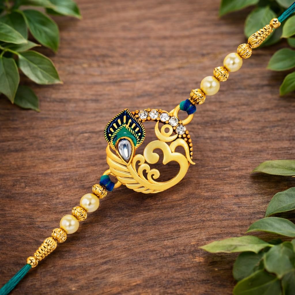 Riddhika Ventures Religious Meenakari Om and Peacock Feather Rakhi With Roli Chawal And Greeting Card