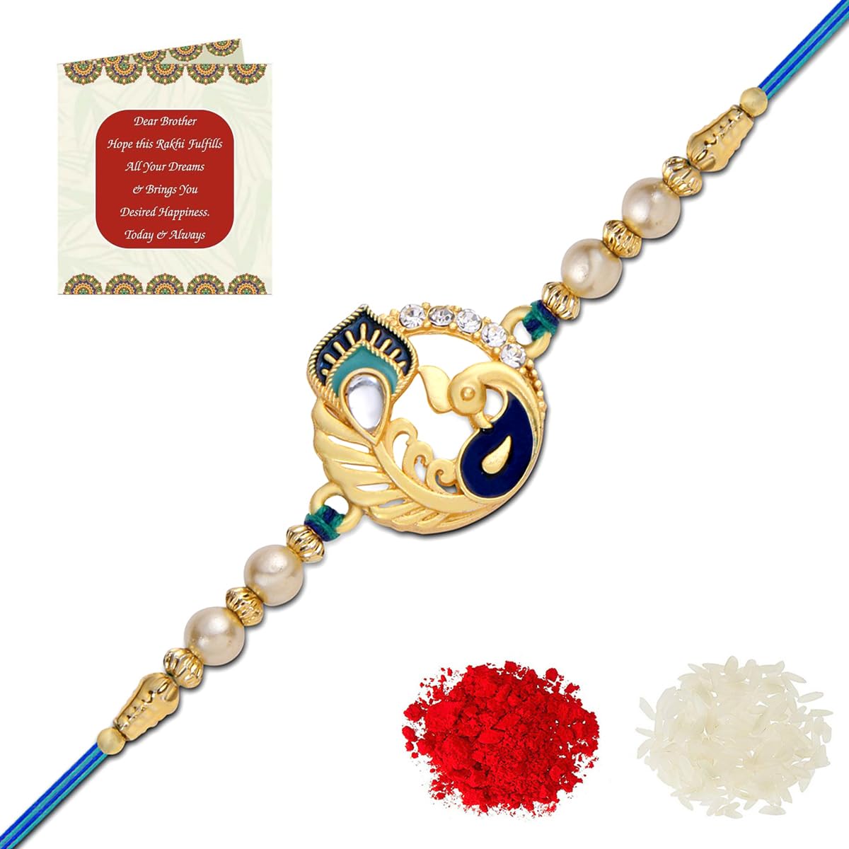 Riddhika Ventures Religious Meenakari Om and Peacock Feather Rakhi With Roli Chawal And Greeting Card