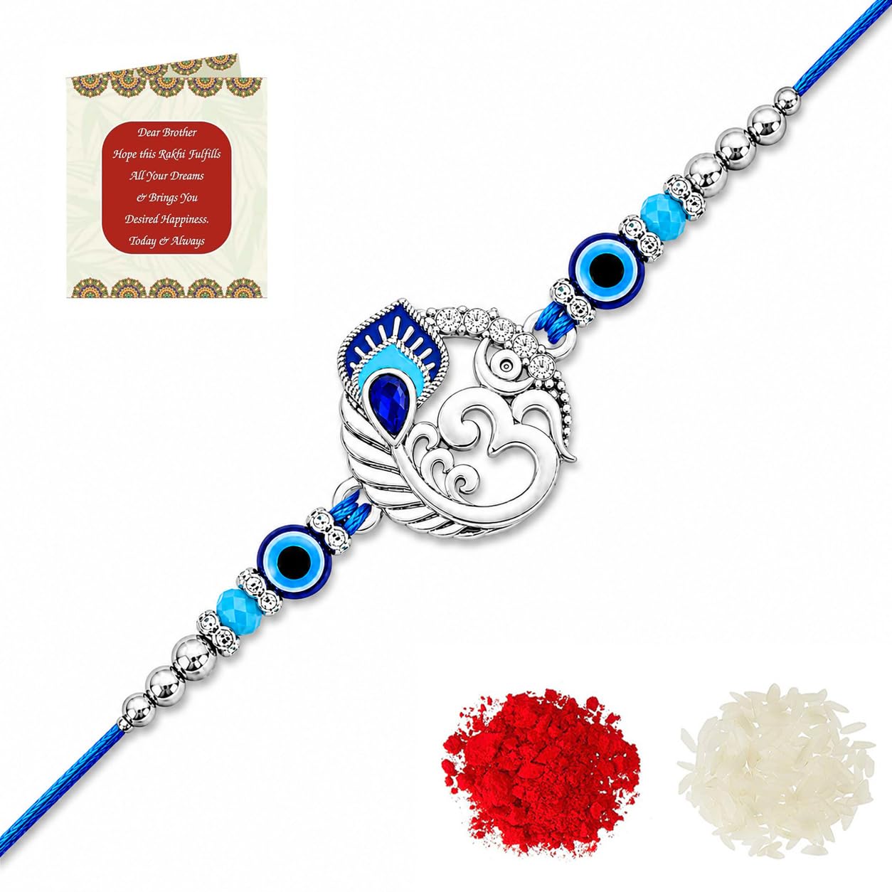 Riddhika Ventures Religious Meenakari Om and Peacock Feather Rakhi With Roli Chawal And Greeting Card