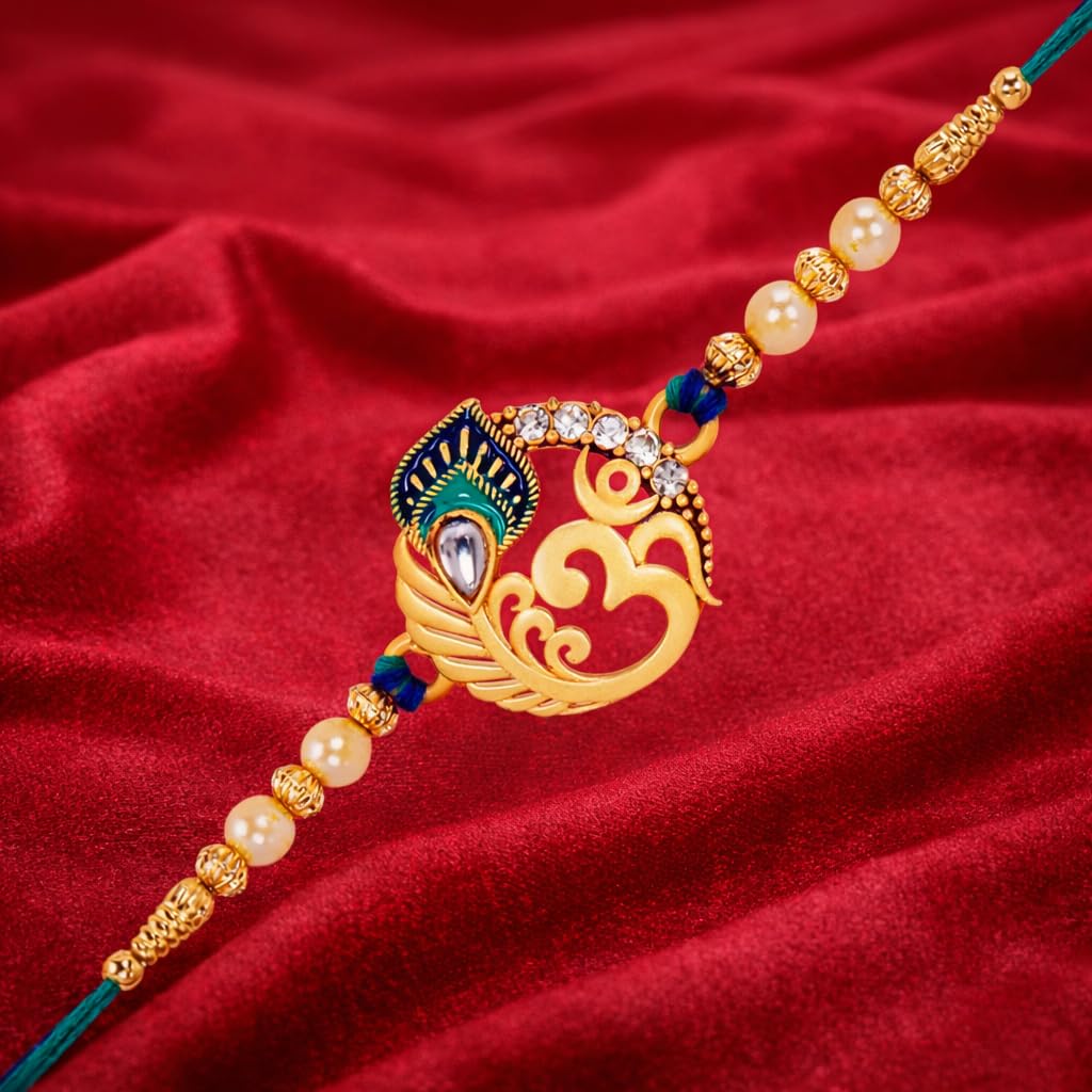 Riddhika Ventures Religious Meenakari Om and Peacock Feather Rakhi With Roli Chawal And Greeting Card