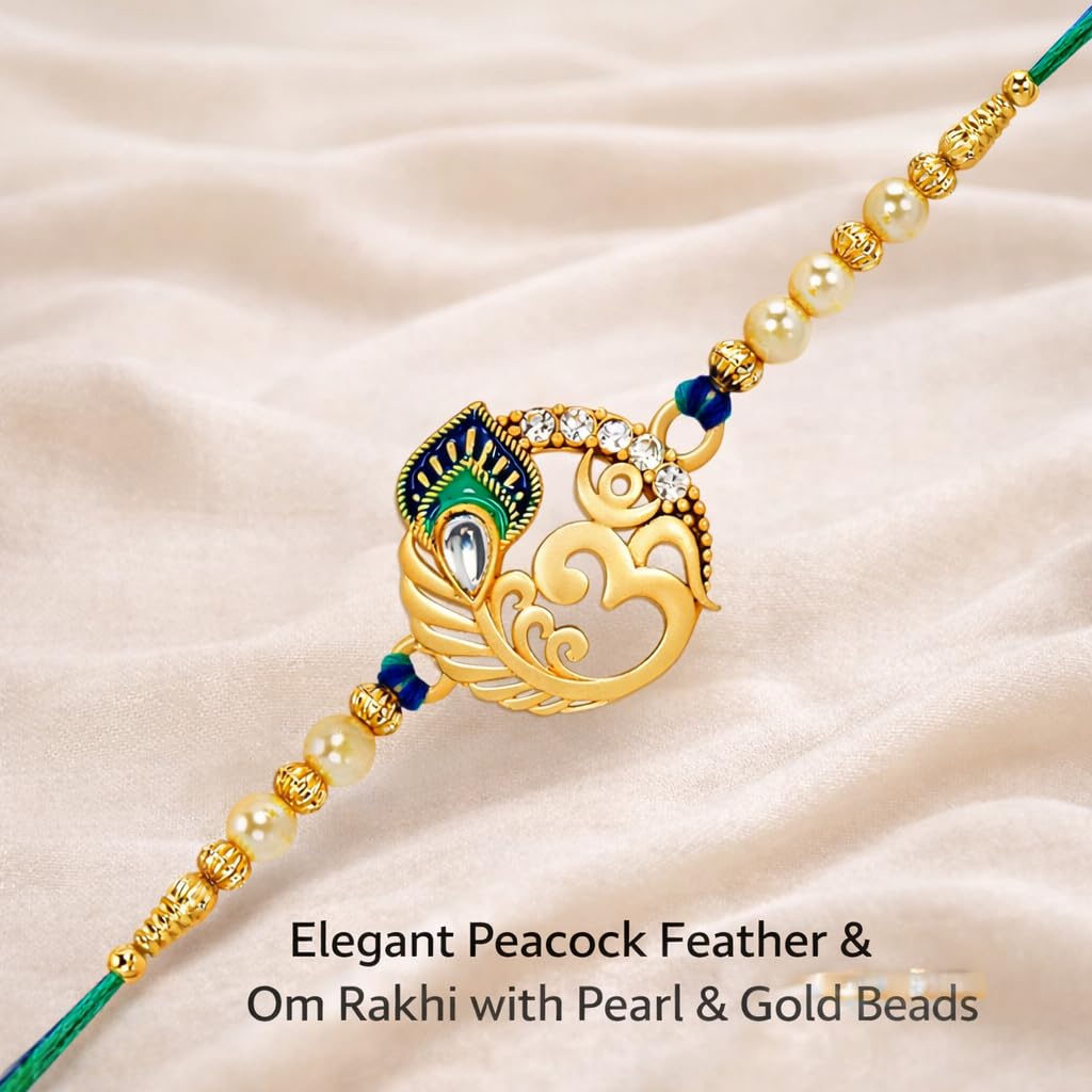 Riddhika Ventures Religious Meenakari Om and Peacock Feather Rakhi With Roli Chawal And Greeting Card