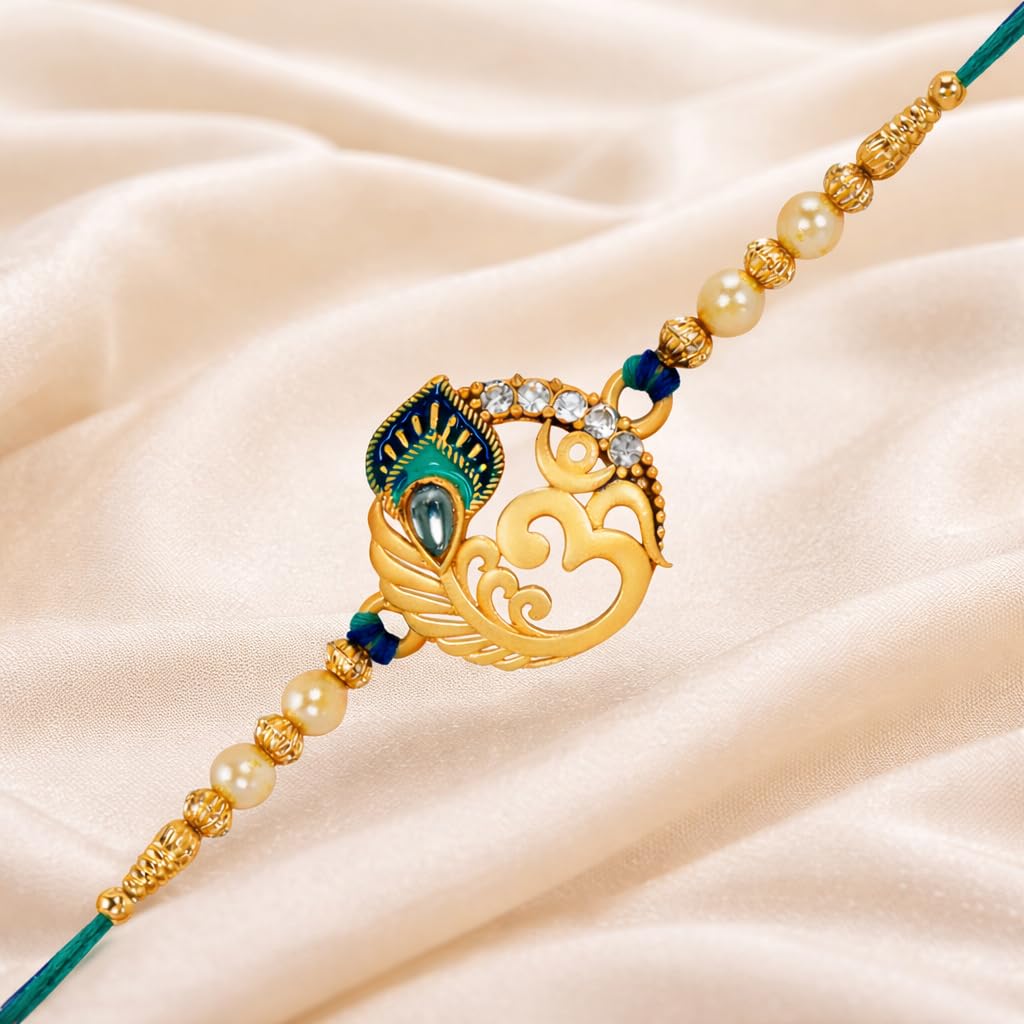 Riddhika Ventures Religious Meenakari Om and Peacock Feather Rakhi With Roli Chawal And Greeting Card
