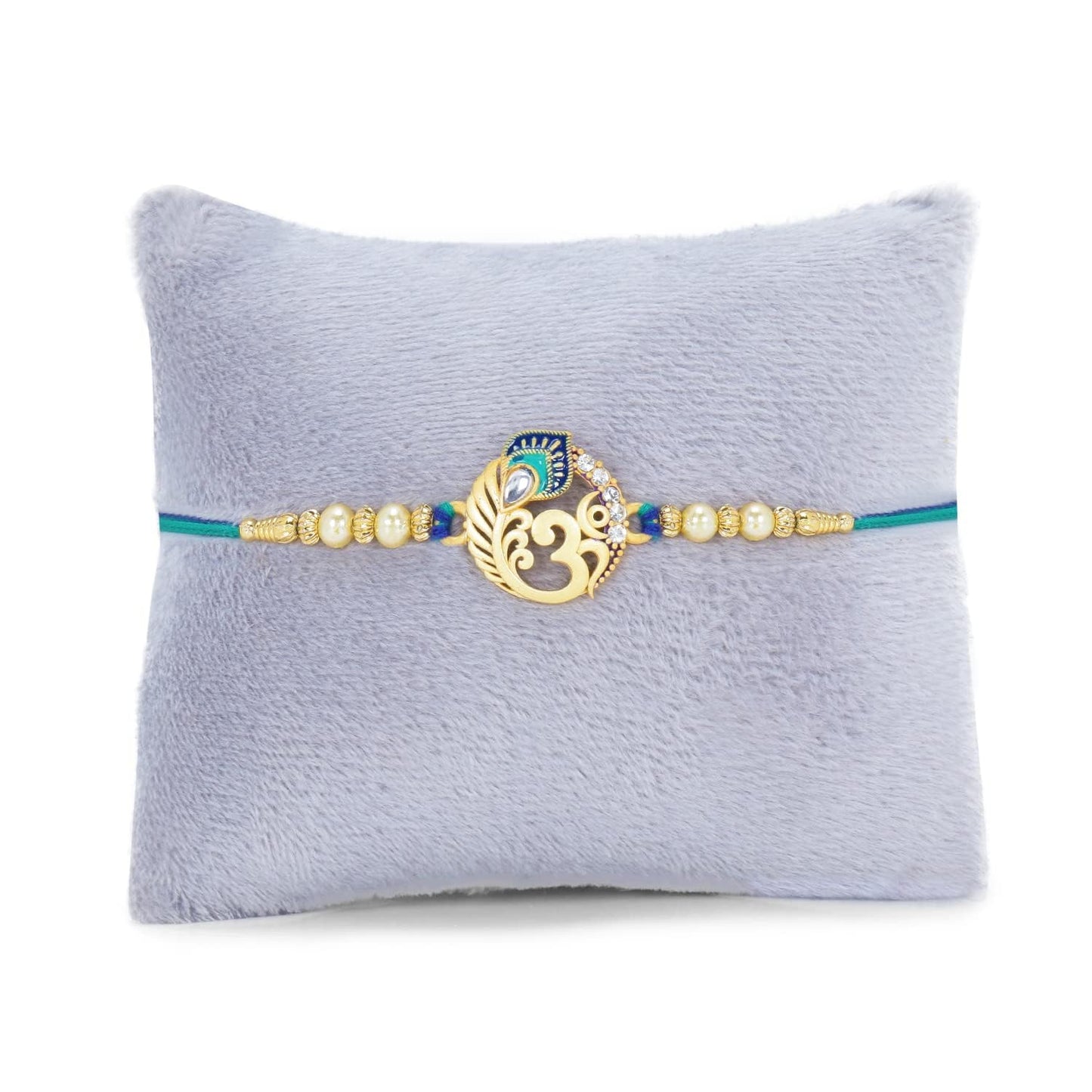Riddhika Ventures Religious Meenakari Om and Peacock Feather Rakhi With Roli Chawal And Greeting Card