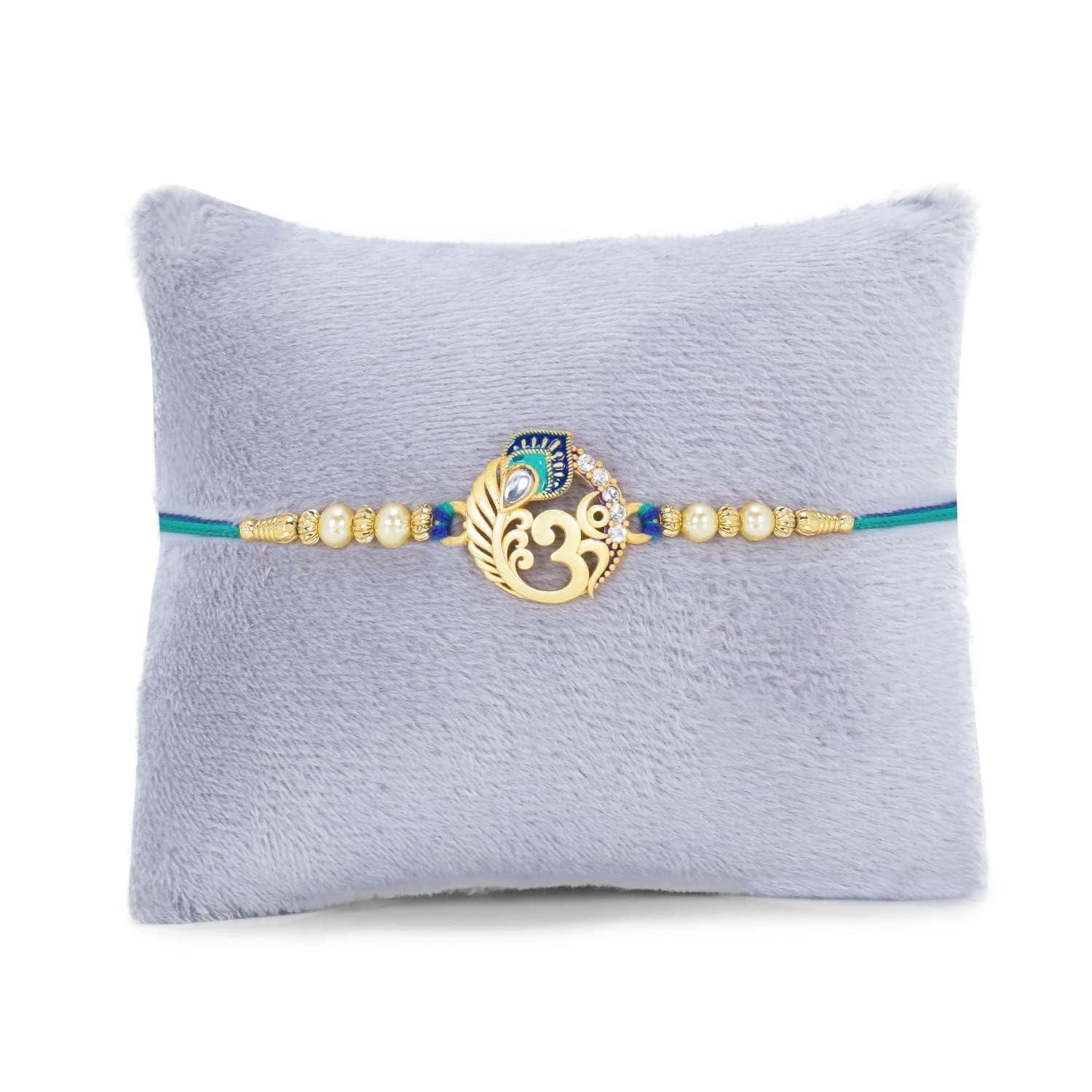 Riddhika Ventures Religious Meenakari Om and Peacock Feather Rakhi With Roli Chawal And Greeting Card