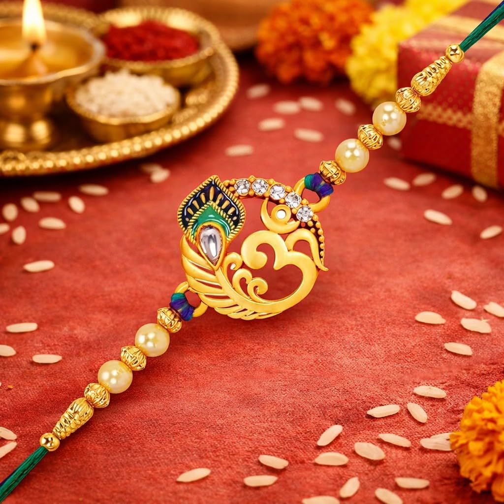 Riddhika Ventures Religious Meenakari Om and Peacock Feather Rakhi With Roli Chawal And Greeting Card