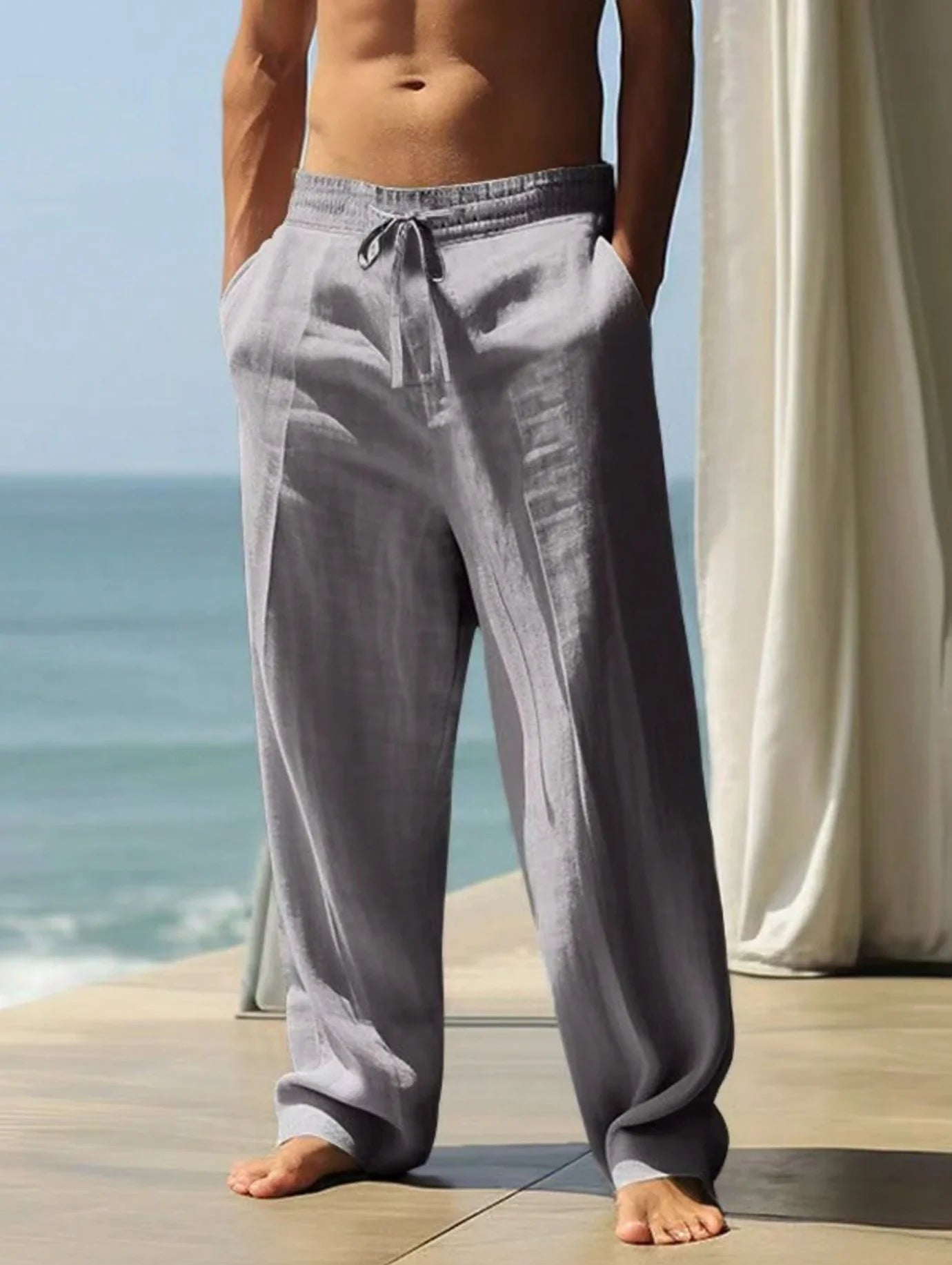 Men's Linen Drawstring Wide-Leg Beach Pants
