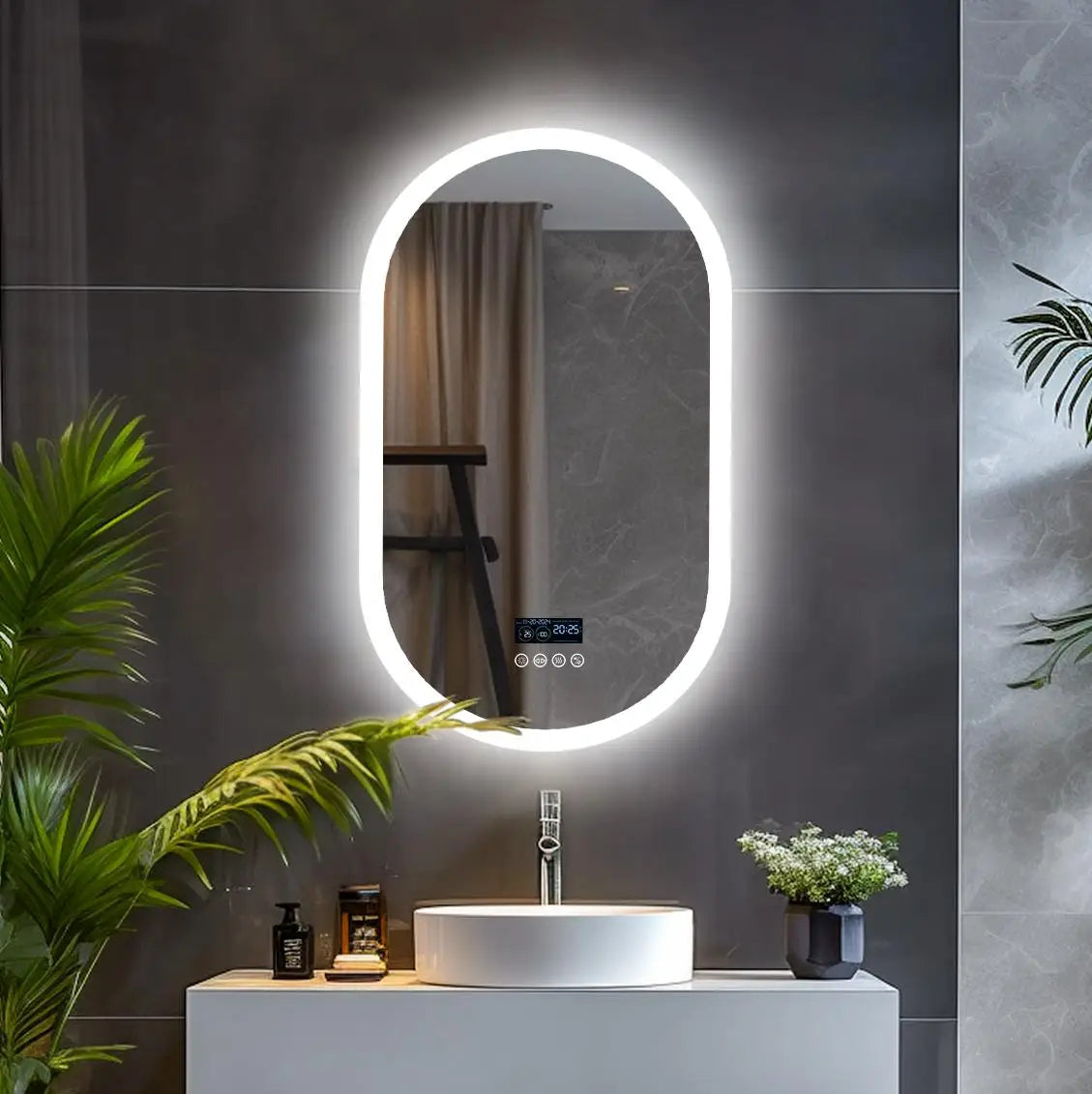 Oval LED Bathroom Mirror with Bluetooth Speaker Backlit Dimmable Wall Vanity Mirror, Digital Display, Antifog, 50x80cm, 120x60cm
