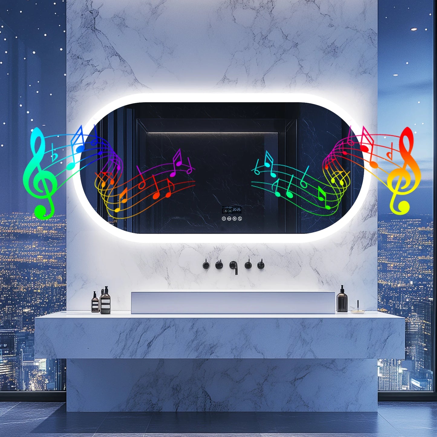 Oval LED Bathroom Mirror with Bluetooth Speaker Backlit Dimmable Wall Vanity Mirror, Digital Display, Antifog, 50x80cm, 120x60cm