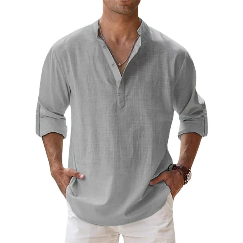 Men's Lightweight Cotton Linen Long Sleeve Beach Shirt