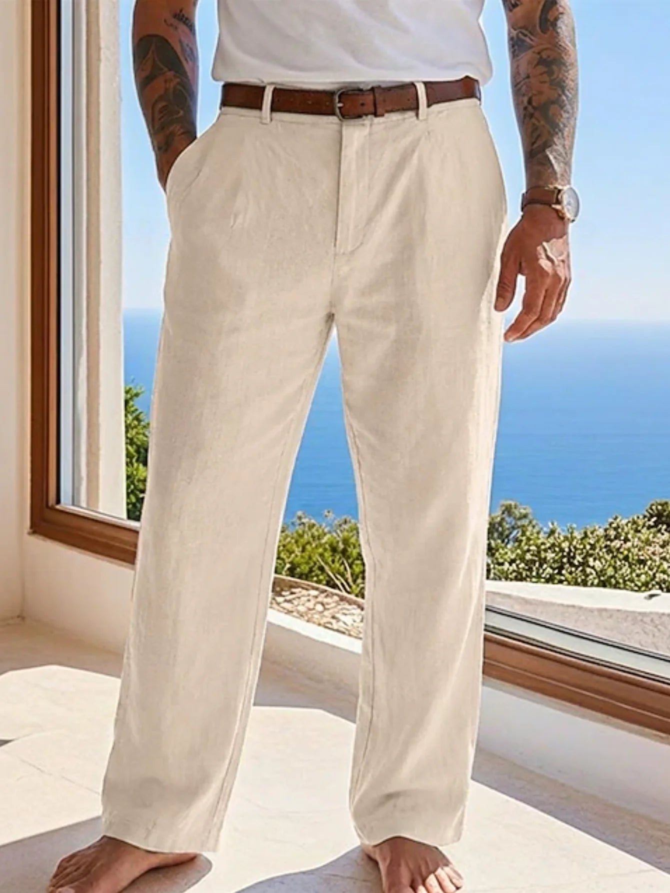 Men's Linen Straight-Leg Formal Casual Trousers