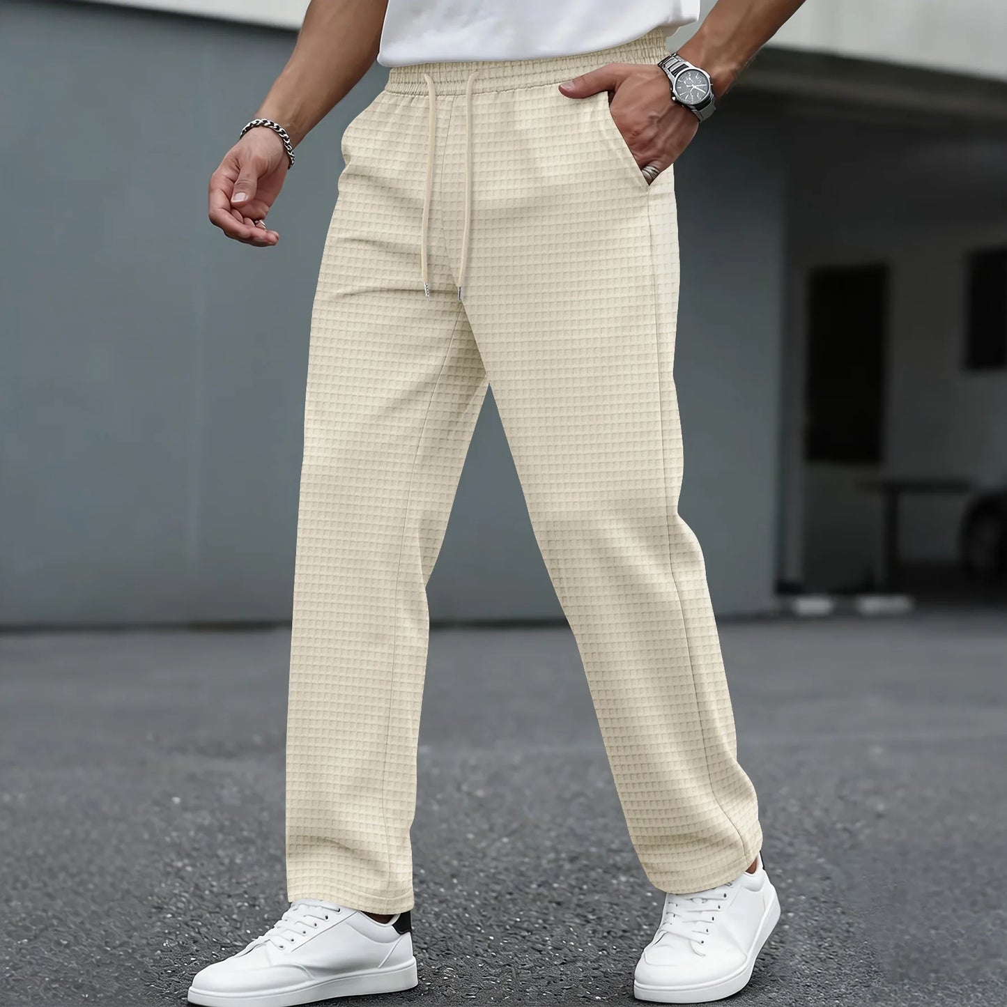 Men's Waffle Knit Elastic Waist Straight-Leg Pants