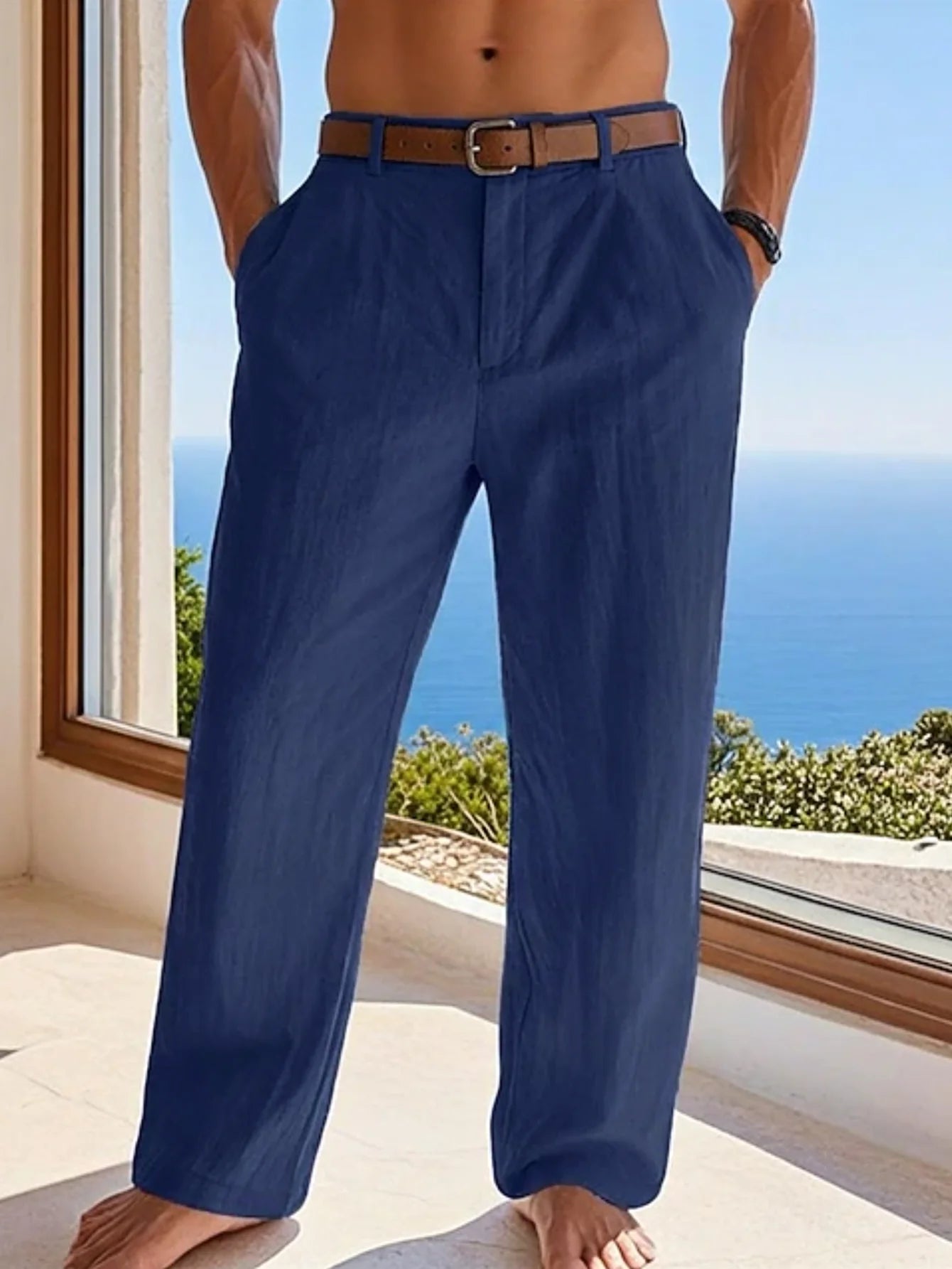 Men's Linen Straight-Leg Formal Casual Trousers