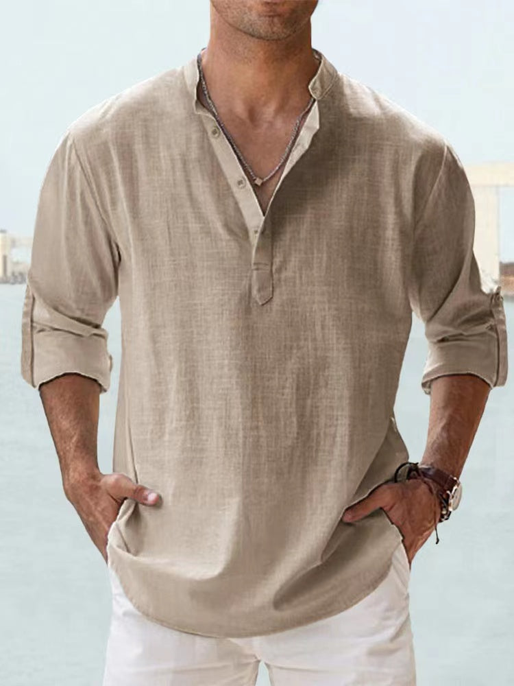Men's Lightweight Cotton Linen Long Sleeve Beach Shirt