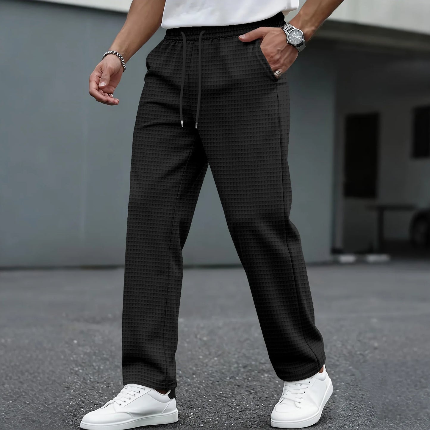 Men's Waffle Knit Elastic Waist Straight-Leg Pants
