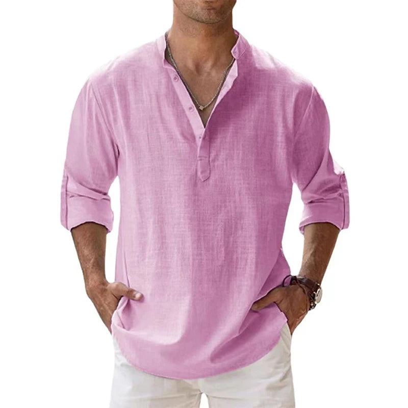 Men's Lightweight Cotton Linen Long Sleeve Beach Shirt