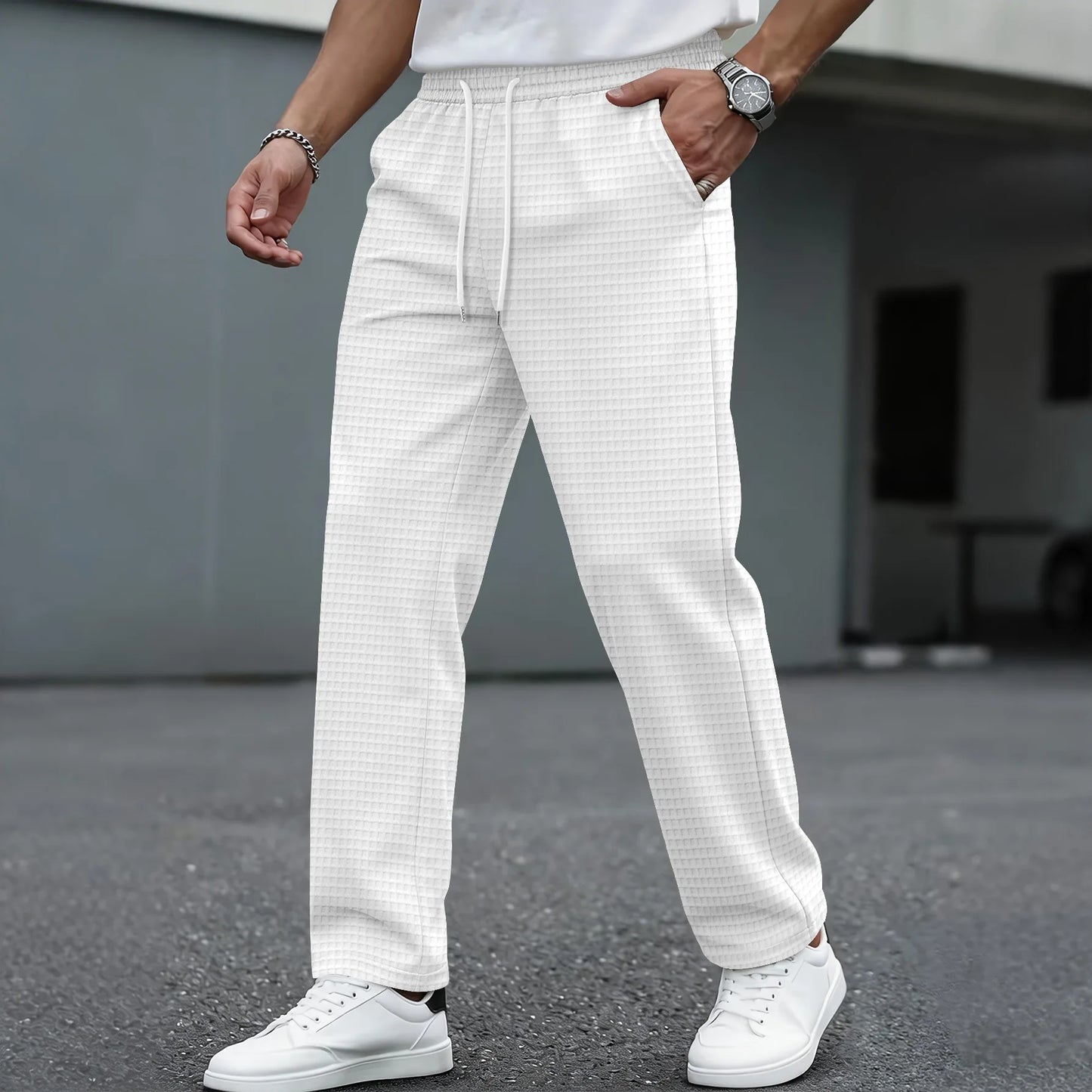 Men's Waffle Knit Elastic Waist Straight-Leg Pants