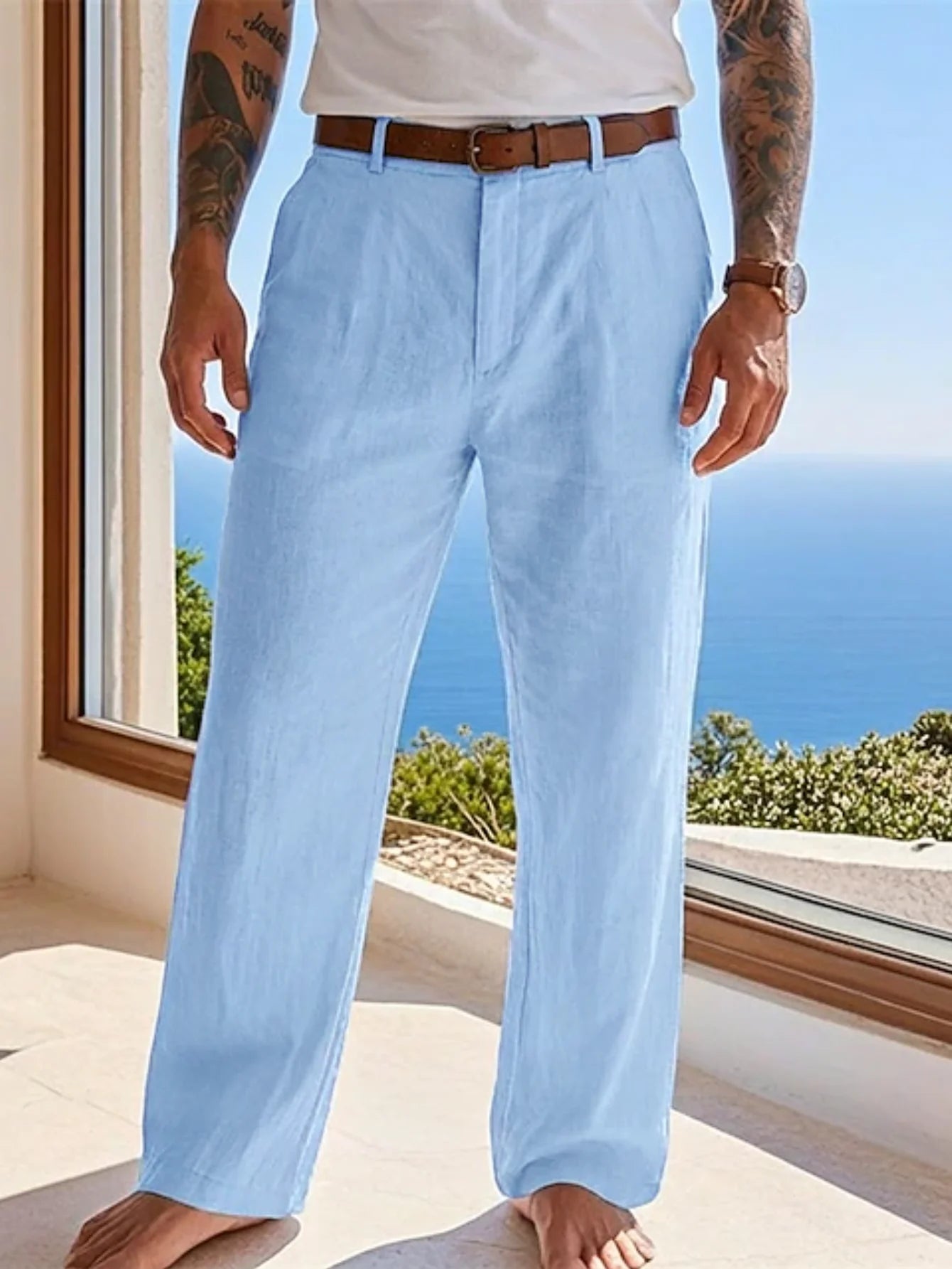 Men's Linen Straight-Leg Formal Casual Trousers
