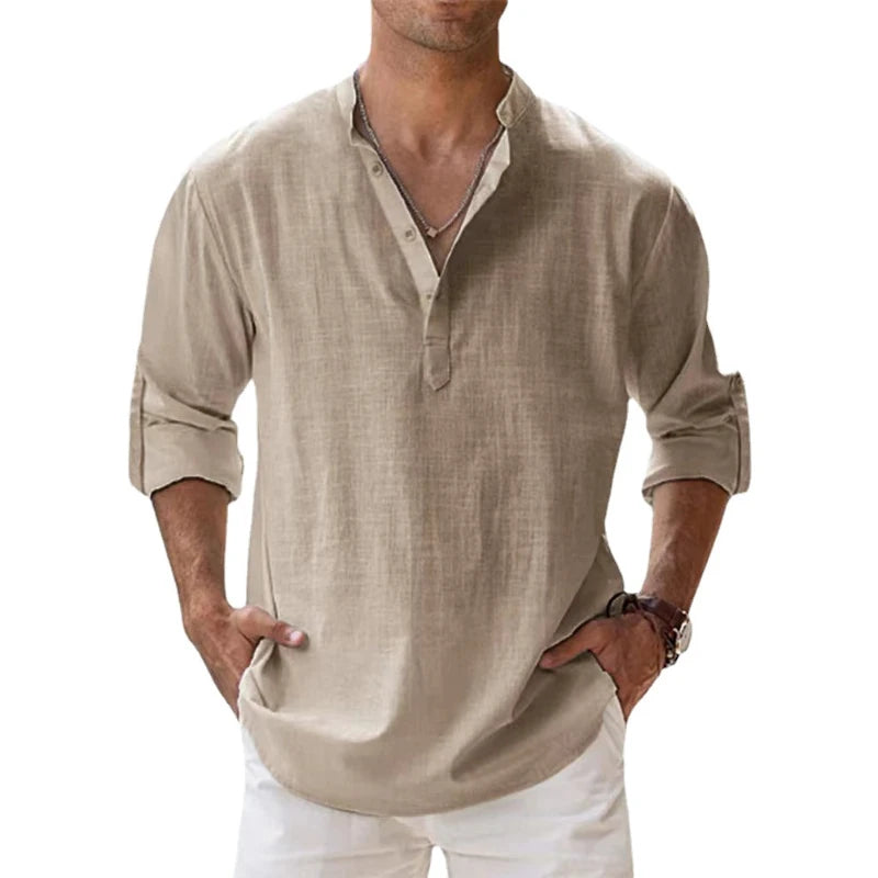 Men's Lightweight Cotton Linen Long Sleeve Beach Shirt