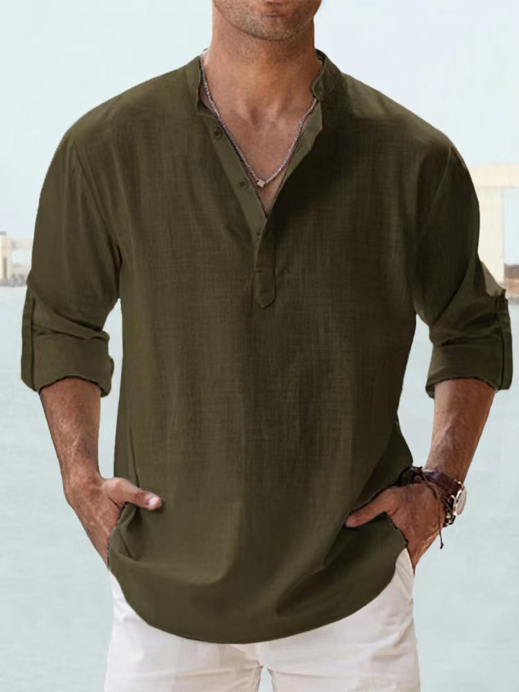 Men's Lightweight Cotton Linen Long Sleeve Beach Shirt