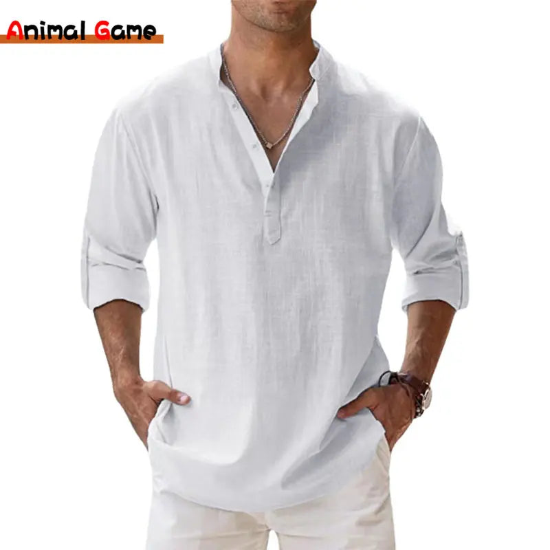 Men's Lightweight Cotton Linen Long Sleeve Beach Shirt
