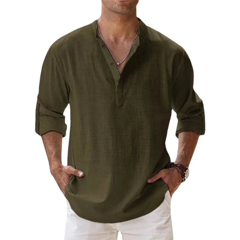 Men's Lightweight Cotton Linen Long Sleeve Beach Shirt