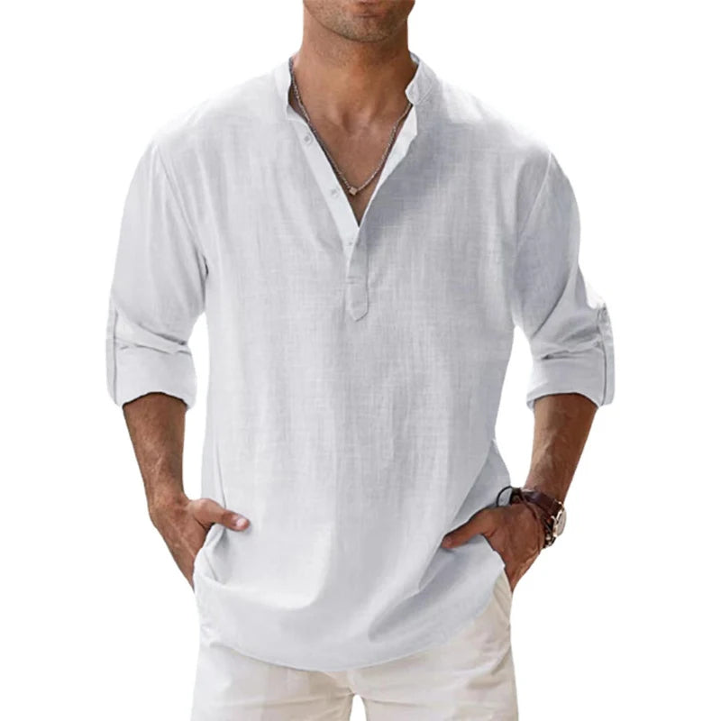 Men's Lightweight Cotton Linen Long Sleeve Beach Shirt