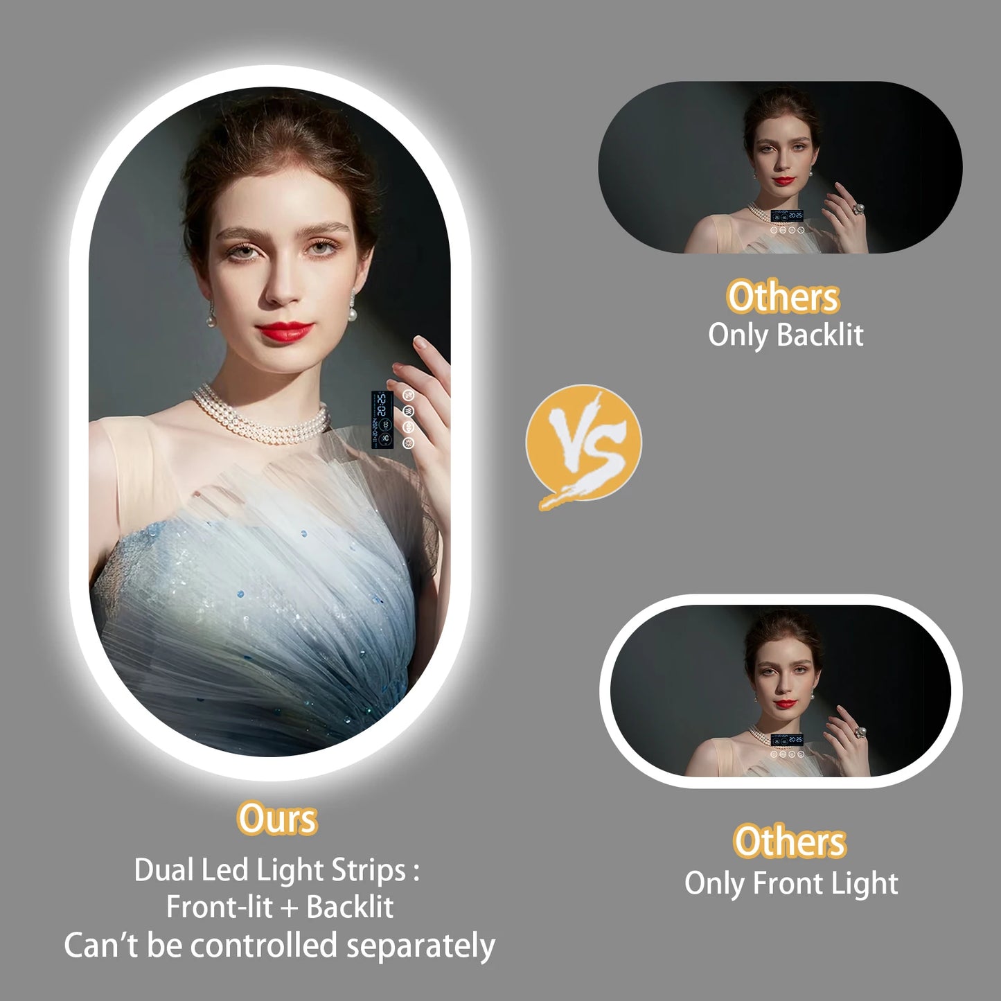 Oval LED Bathroom Mirror with Bluetooth Speaker Backlit Dimmable Wall Vanity Mirror, Digital Display, Antifog, 50x80cm, 120x60cm