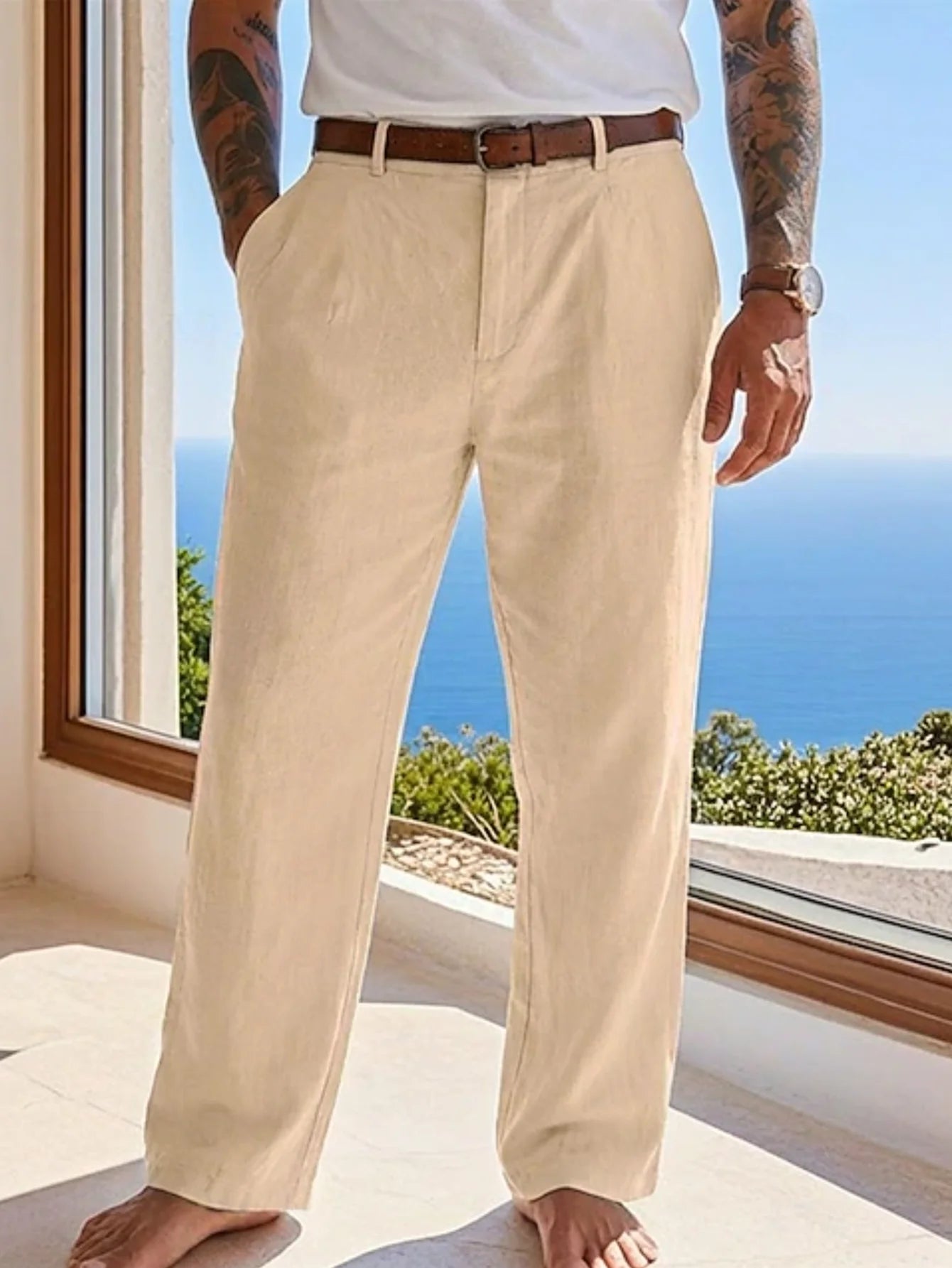 Men's Linen Straight-Leg Formal Casual Trousers