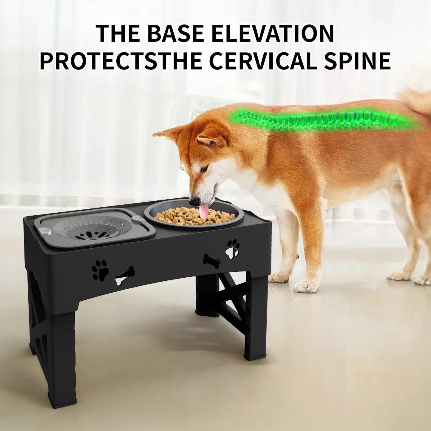 5 Adjustable Height for Different Needs 3 in 1 Pet Feeder Two Bowls One Lift Anti-upset High Neck Guard Slow Food Basin Pet Bowl