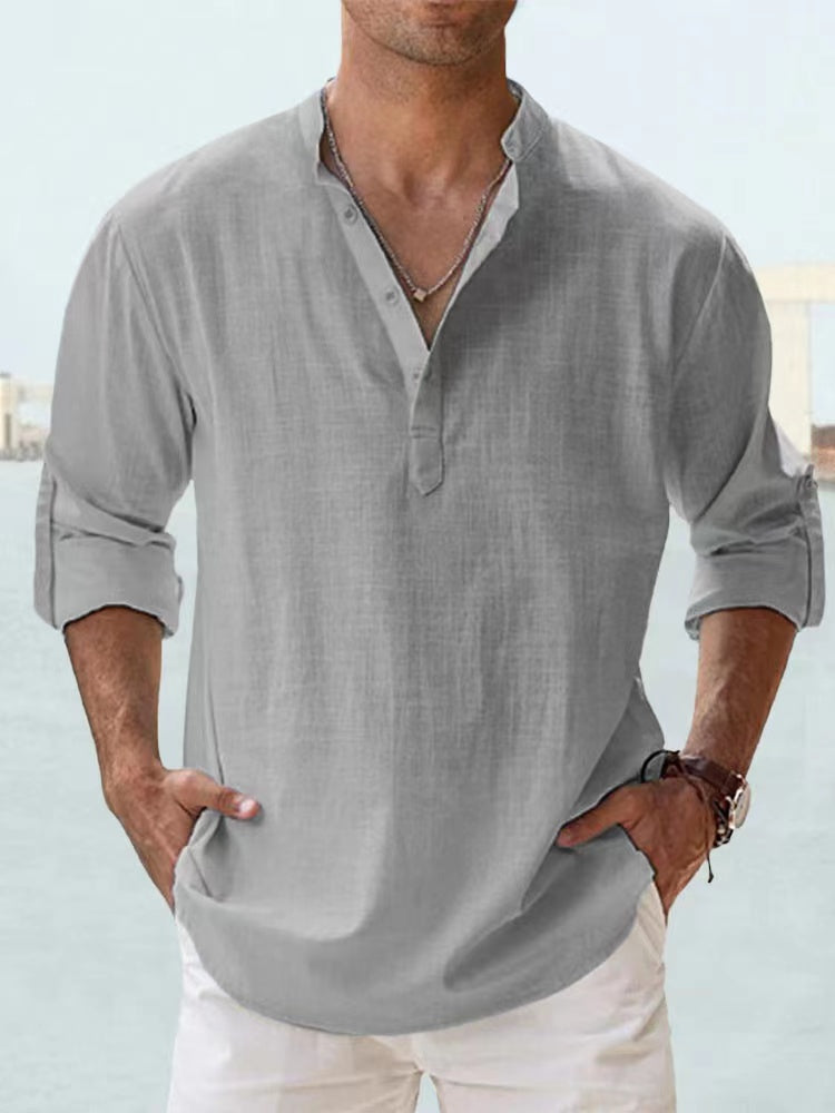 Men's Lightweight Cotton Linen Long Sleeve Beach Shirt