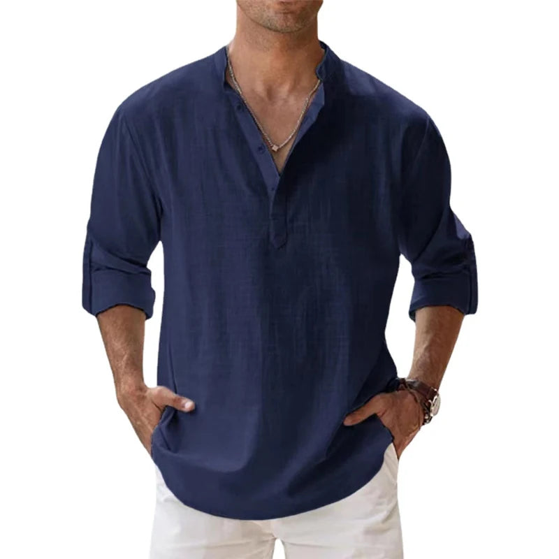 Men's Lightweight Cotton Linen Long Sleeve Beach Shirt