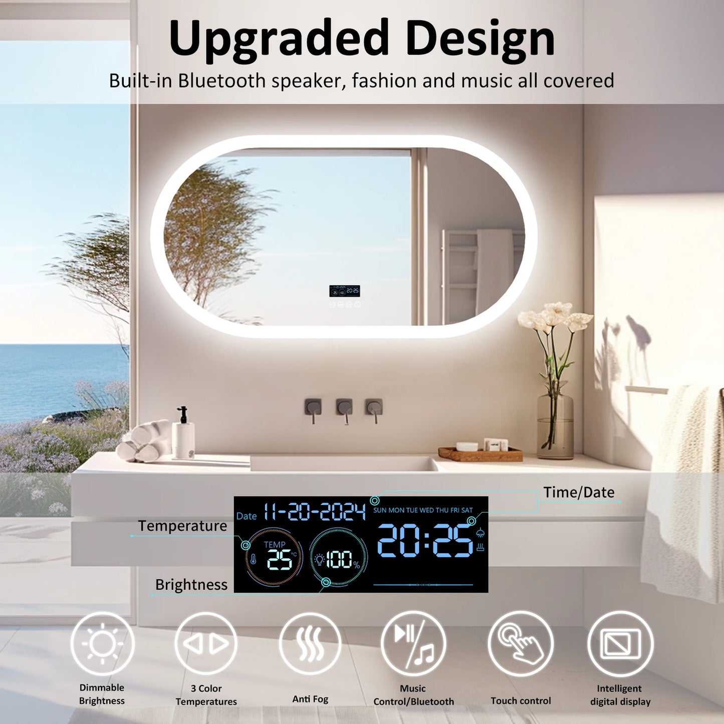 Oval LED Bathroom Mirror with Bluetooth Speaker Backlit Dimmable Wall Vanity Mirror, Digital Display, Antifog, 50x80cm, 120x60cm