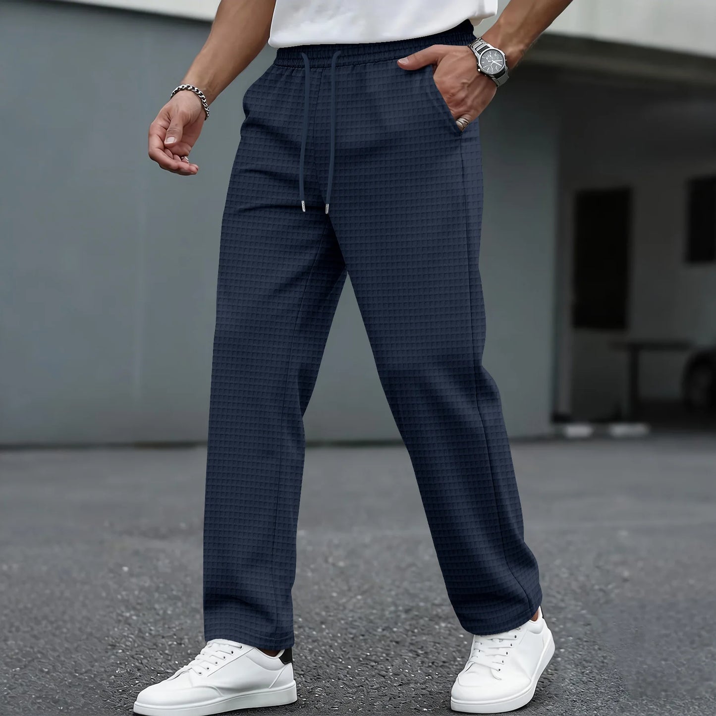 Men's Waffle Knit Elastic Waist Straight-Leg Pants