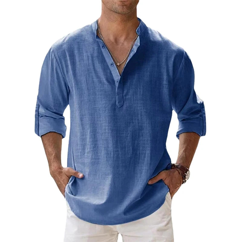 Men's Lightweight Cotton Linen Long Sleeve Beach Shirt