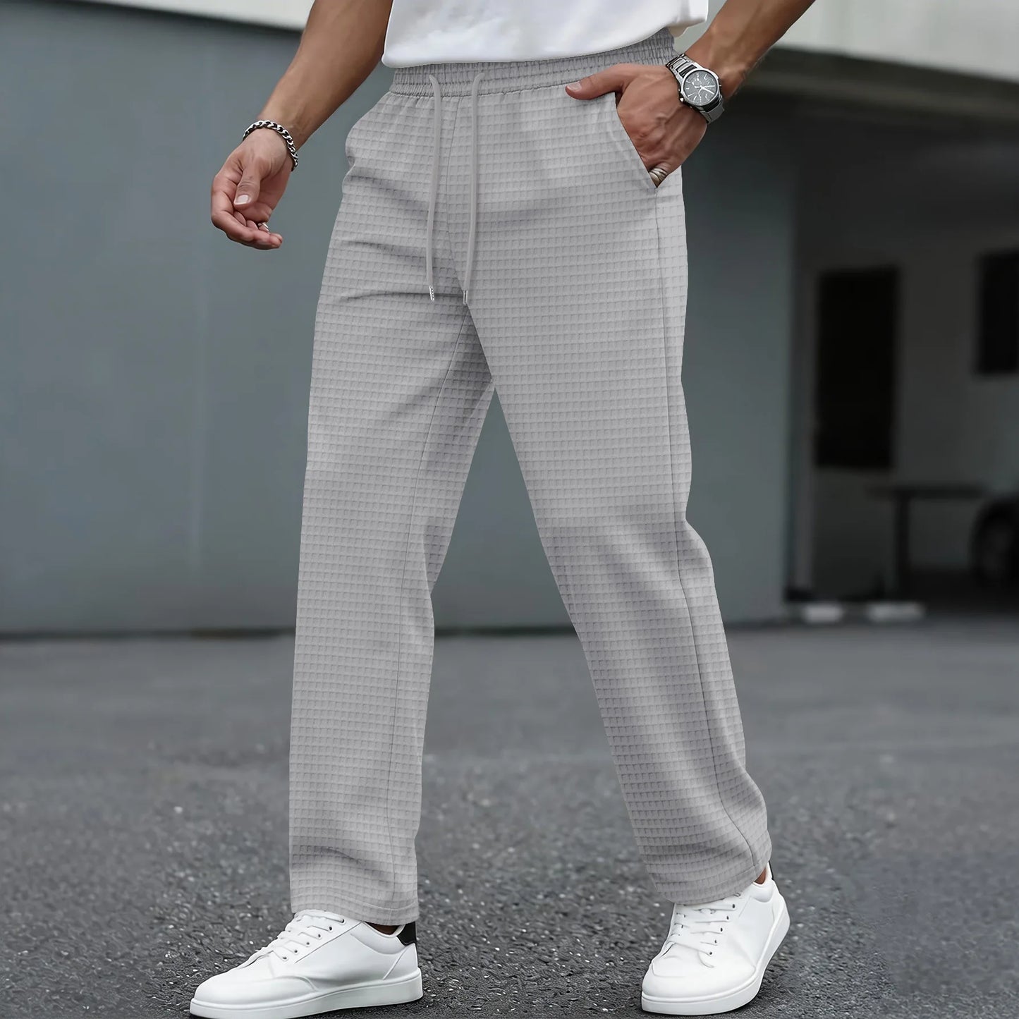 Men's Waffle Knit Elastic Waist Straight-Leg Pants