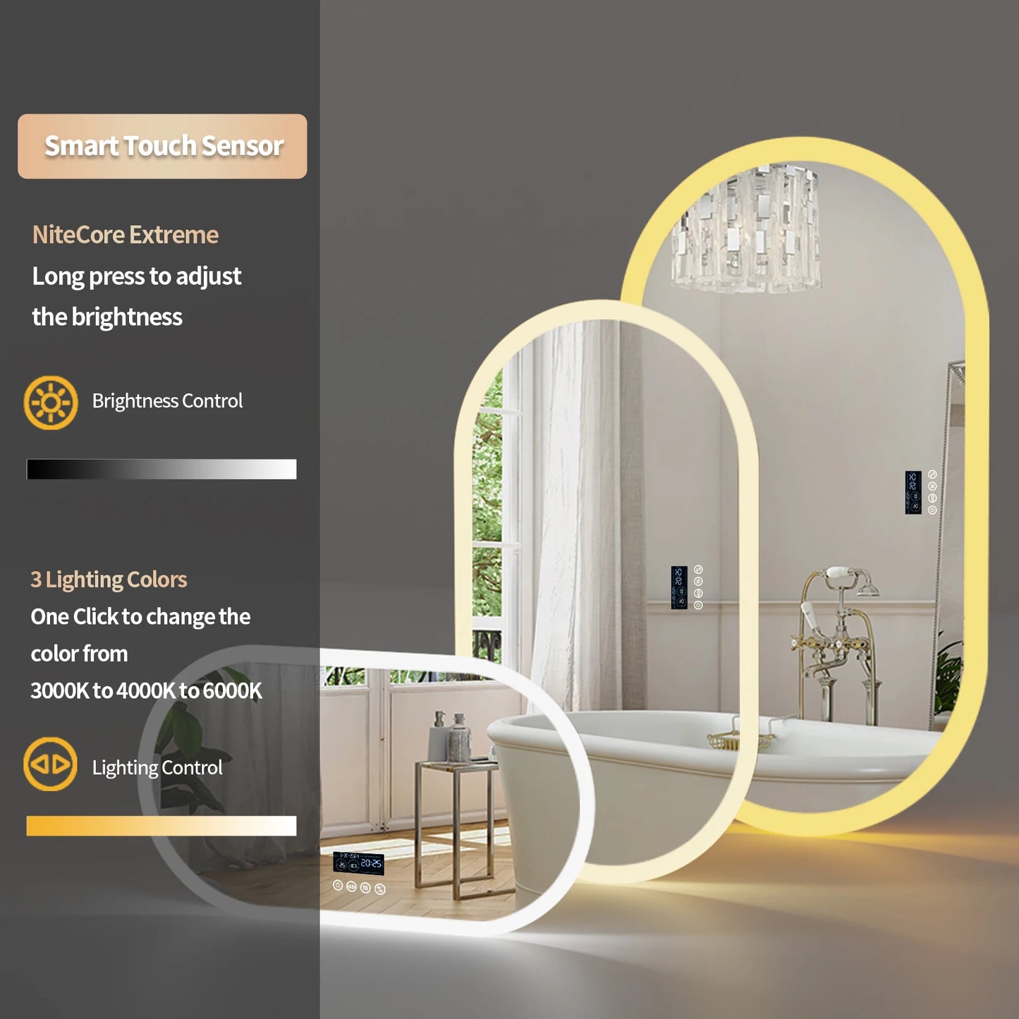 Oval LED Bathroom Mirror with Bluetooth Speaker Backlit Dimmable Wall Vanity Mirror, Digital Display, Antifog, 50x80cm, 120x60cm