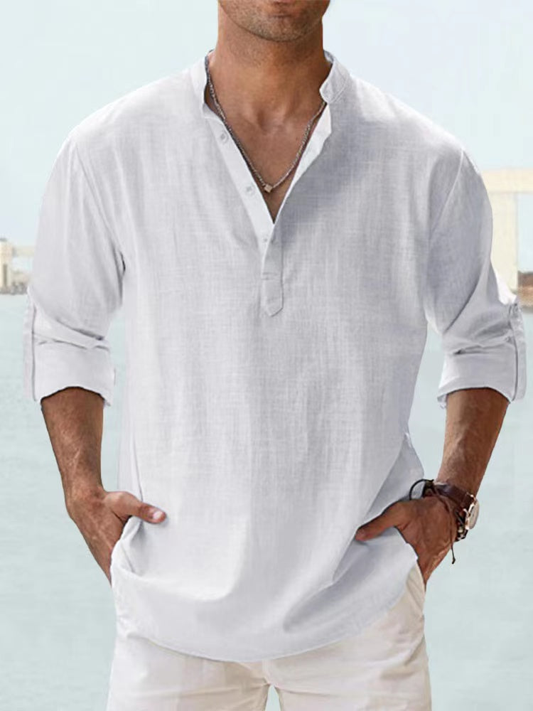 Men's Lightweight Cotton Linen Long Sleeve Beach Shirt