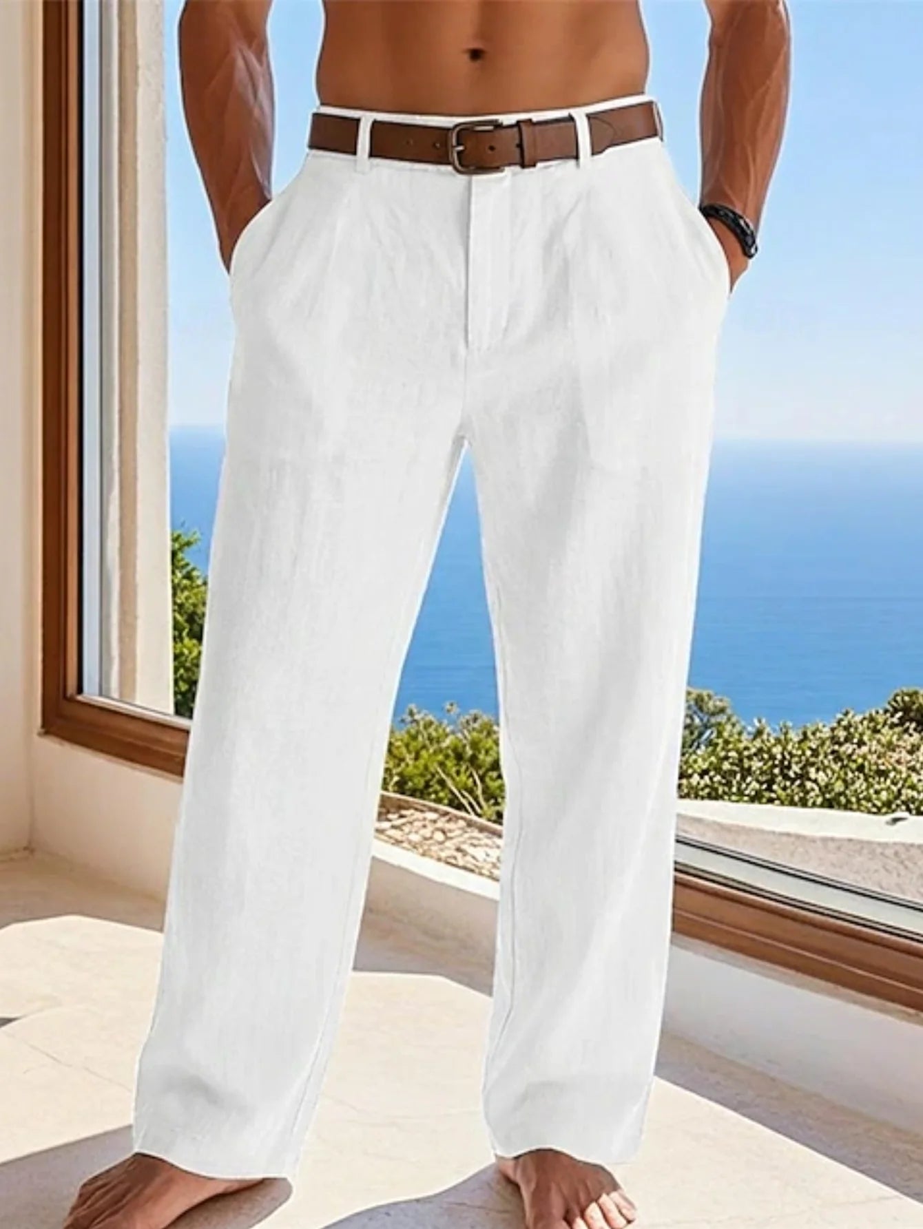 Men's Linen Straight-Leg Formal Casual Trousers