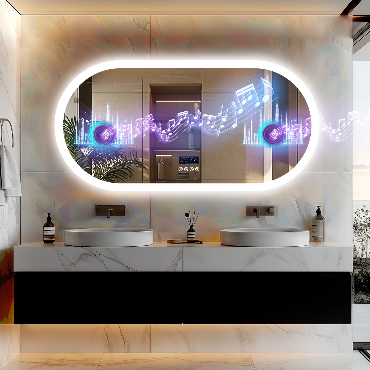 Oval LED Bathroom Mirror with Bluetooth Speaker Backlit Dimmable Wall Vanity Mirror, Digital Display, Antifog, 50x80cm, 120x60cm
